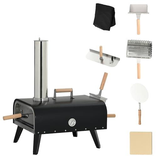 Outsunny 2-in-1 Pizzaofen Grillofen mit Pizzaschaufel, Pizzastein, Pizzaschieber, Klappbar Holzbackofen für BBQ Outdoor Schwarz Stahl