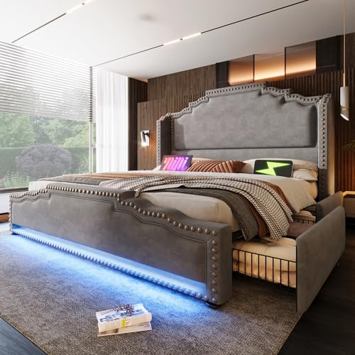 Merax Polsterbett 160x200cm Doppelbett Bettrahmen mit 4 Schublade, Gepolstertes Bett mit LED & USB-C-Ladeanschluss, Stauraumbett Funktionsbett mit Lattenrost, Samt, Retro-Stil, ohne Matratze, Grau