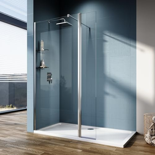ELEGANT 900 Walk in Shower Enclosure 8mm Easy Clean Safety Glass with 300mm Flipper Panel, Shower Cubicles Wet Room Shower Screen Bath Screen with Two 8mm Glass Shelves