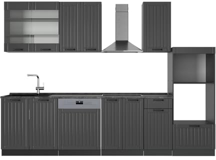 Vicco Küchenzeile Fame-Line, Dunkelgrau, 300 cm | 8 Module · Höhenverstellbare Füße · Arbeitsplatte Anthrazit · MDF-Fronten · Softclose · Metallgriffe
