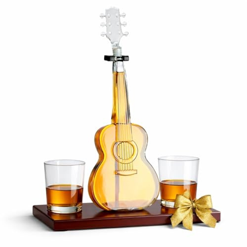 ME JO Guitar Wine Decanter 1000ML Whiskey Decanter | Glass Spirit Decanter with Mahogany Base, a Unique Gift Ideas for Music Lovers and Men Birthday, Christmas, Fathers Day