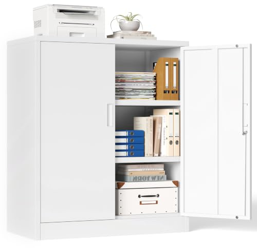 Aktenschrank, Mehrzweckschrank, Schrank abschließbar, Weiß, 90 * 80 * 40cm | Büroschrank mit 2 Türen, Aufbewahrungsschrank Stahl, Schrank abschließbar, 2 höhenverstellbare Einlegeböden für Büro, Garage