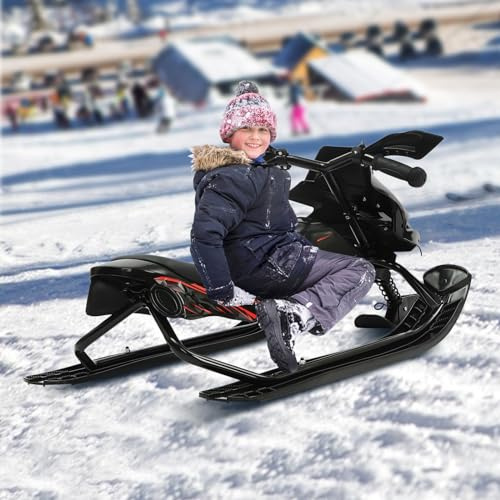 Gdetnysty Lenkbarer Schneeschlitten für Kinder mit 3 Skiern Fußbremse und Verstellbarem Sitz Robustes Stahlrahmen Design 80kg Tragfähigkeit Perfektes Wintergeschenk für Schneeabenteuer