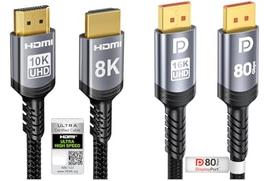 Sniokco HDMI 2.1 Cable (2M) + DP 2.1 Cable (1.5M) Gaming Bundle