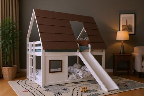 Merax 140 x 200 Holzhaus-Etagenbett mit Dach, Leiter und Rutsche, Hausbett für Kinderzimmer, Weiß+Braun, aus Kiefernholz und MDF