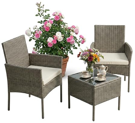 Relaxdays Gartenmöbel Set, 3-TLG. Rattan Sitzgruppe, 2 Personen, 2X Sessel & Glastisch, Loungemöbel, Outdoor, grau
