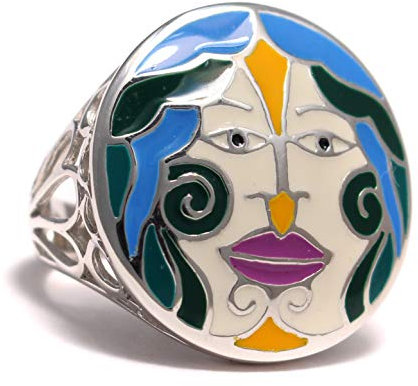 loveyourdiamonds Statement Silber Ring Yin und Yang mit zwei Gesichtern aus 925 Sterling Silber, blau grün gelb