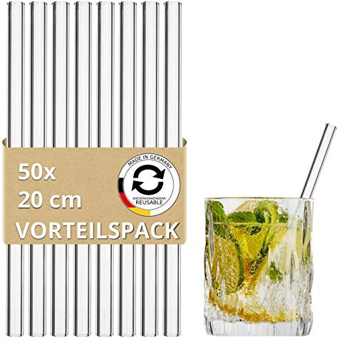 Glas Trinkhalme 20cm, 50 Stück - wiederverwendbare klarglas Trinkhalme aus Spezialglas, Nachhaltig: plastikfreie Glashalme ohne Kunststoff, Glasstrohalme für Cocktails, Smoothies, Saft, Long-Drinks