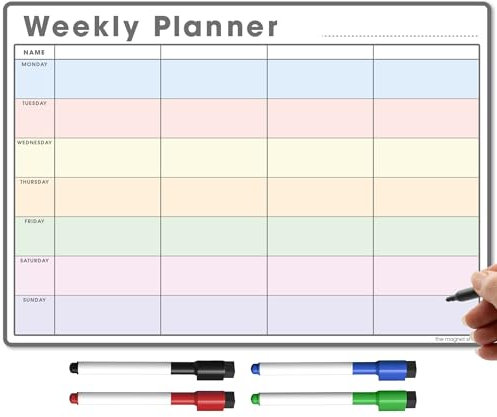 TMS A4 Magnetic Weekly Planner Whiteboard for Fridge | Dry Wipe Meal Planner, Calendar or Memo Board | Plan Family or Business Tasks | Dry Erase to Do List Magnet | with 4 Dry Erase Pens [21 x 30cm]