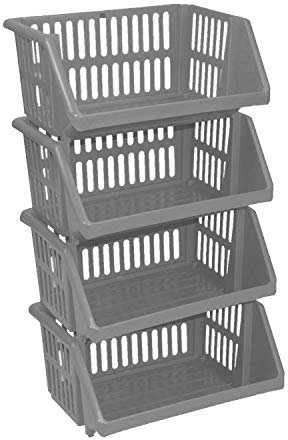 Large 4 Tier Stacking Baskets Storage Veg Rack Plastic Stackers, Black, Length 35.5 cm x Depth 28.5 cm x Height 17.5 cm (Silver)