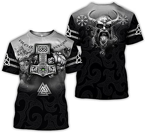 BBYOUTH Odin T-Shirt, 3D Bedruckter Nordischer Mythos Wikinger Rune Tattoo Kurzarm Cosplay Shirt (11 USA Größe),Odin Mjolnir,XL
