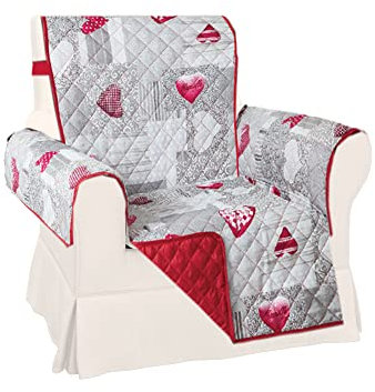 Home Tresor Copripoltrona 1 Posto| Double Face: Fronte Fantasia Cuori Retro Tinta Unita Rosso| Elastico per Fissaggio | Protezione da Animali Domestici