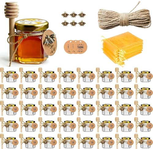 DnayDkiy Glass Honey Jar, Honey Pot 1.5oz, 40 Pack Mini Honey Jars with Dipper, Bee Charm, Gift Bags and Stickers, for Baby Shower Favors Wedding Favors