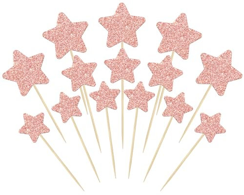 Gyufise 42Pcs Little Star Cupcake Toppers Rose Gold Glitter Twinkle Star Cupcake Picks Wedding Engagement Bridal Shower Baby Shower Birthday Party Cake Decorations Supplies Mixed Size