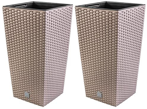 PAFEN 2 macetas de ratán de 7 l – 17 x 17 x 32,5 cm – Macetero alto con inserto macetero de plástico, color marrón