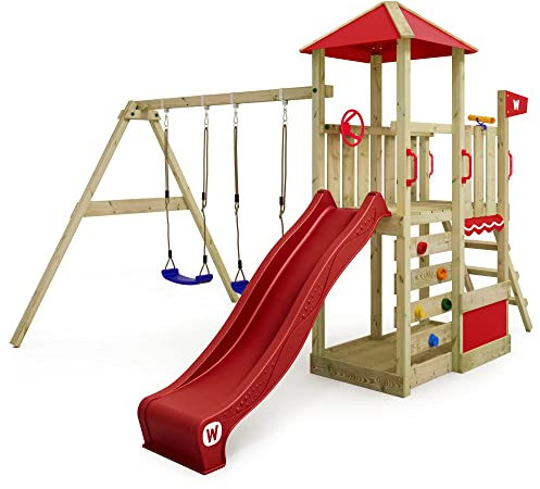 WICKEY Spielturm Klettergerüst Smart Savana mit Schaukel & roter Rutsche, Outdoor Kinder Kletterturm mit Sandkasten, Leiter & Spiel-Zubehör für den Garten