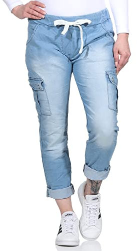 CLEO STYLE Damen Jeans Jogger Jogginghose Boy Friend im Vintage Look Sweatpants für Freizeit Sport und Fitness 21094 (Hellblau)