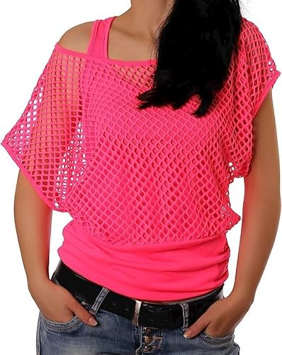 ELFIN Women 80s T Shirts Neon Fishnet Mesh Top Off Shoulder Tops Fany Dress for Women (Tops+Vest)