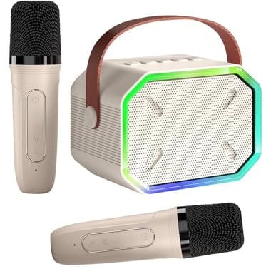 Karaoke Machine for Kids and Adults,Mini Portable Bluetooth Speaker with 2 Wireless Microphones, Kids Gifts for Girls Boys Family Party Birthday(Beige)