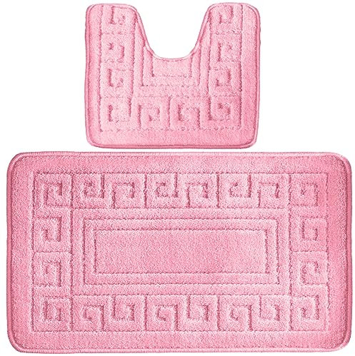 4All Bath Mat Sets 2 Piece Washable 50x80cm – Greek Pattern Toilet Mat and Pedestal Mat Set, Soft and Quick-Dry with Non-Slip Backing, Machine Washable and Moisture-Resistant (Pink)