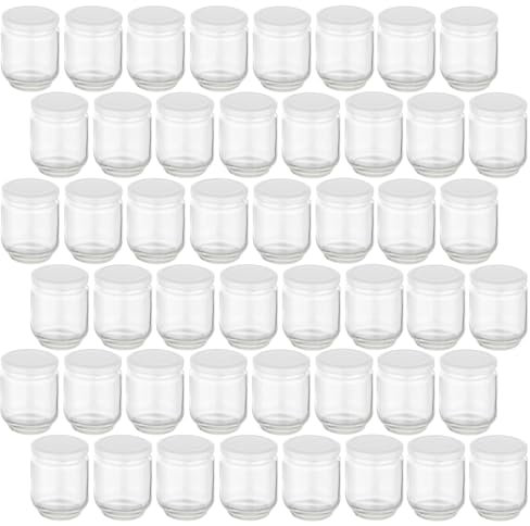 gouveo Juego de 48 tarros de conserva de 190 ml redondos con tapa de rosca blanca - Frascos pequeños con tapa de rosca - Tarros con tapa de rosca para conservar y almacenar (EGR190W)