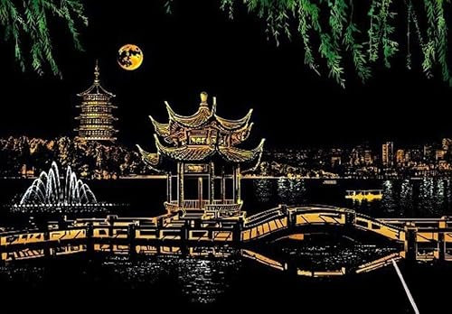 Magisches Rubbeltuch West Lake Hangzhou 40x28cm - Kratzbild für Kinder und Erwachsene, magische Bastelkratzer, Entspannung und gemeinsame Momente für die ganze Familie, kreatives Ableben