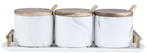 soulnioi Marble Ceramic Combination Seasoning Jar in 3,With Marble Tray with metal handle,Seasoning Jar With Spoon,Ceramic Spice Jar With Wood Lid Salt Container Sugar Bowl
