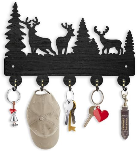 ORIGACH Wald Elch hölzerne Schlüsselhaken mit 5 Metallhaken Schlüsselhalter für Wand 30×16.9cm Wand montiert schwarz Kleiderbügel für Haustür Küche Eingang Schlafzimmer Housewarming Geschenk