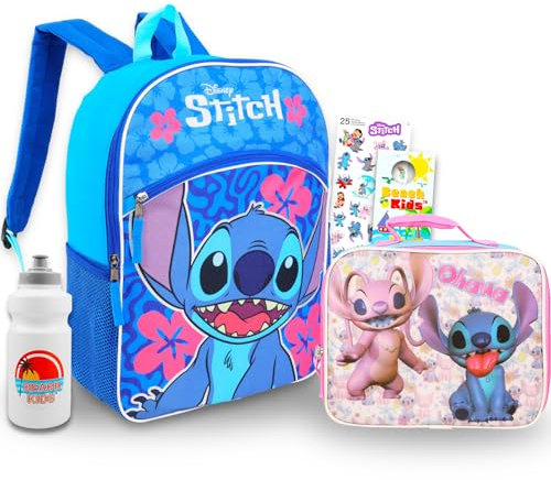 Disney Lilo and Stitch - Mochila de viaje con lonchera para niños, paquete con mochila grande de puntada, bolsa de almuerzo Stitch and Angel y más | Paquete de viaje Lilo y Stitch, Mochila Stitch para
