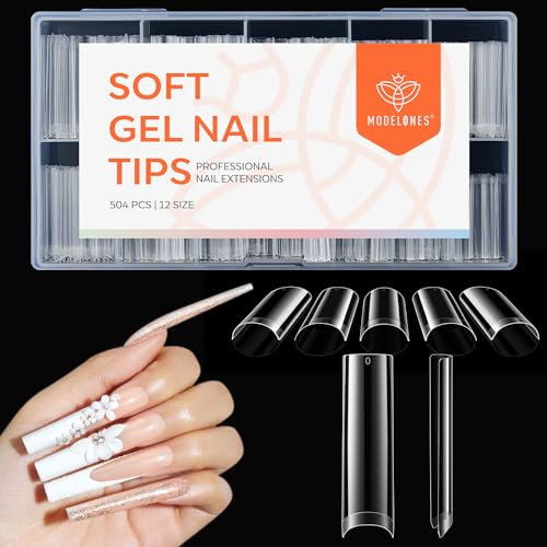 Modelones Nageltips 504 Stück- Soft Gel Tips Set, Halbe Cover Nail Tips Set, PMMA Harz Nagelspitzen, Künstliche Nägel Zum Aufkleben Nail Art DIY, 12 Größen Extra Lange
