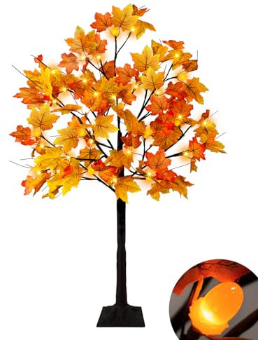 Uieke Érable artificiel lumineux de 1,2 m à 48 LED avec 12 pommes de pin, 8 modes, décorations d'automne pour la maison, décoration d'automne d'intérieur et d'extérieur