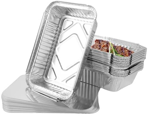 GBACHOOSE 100 Stück Aluschalen mit Deckel 800ml, Einwegschalen mit Deckel, Einwegschalen aus Aluminium, Grillschalen Aluminium 21X14X5CM für Backen, Braten, Kochen, Aufbewahrung, Grillen, Mitnehmen