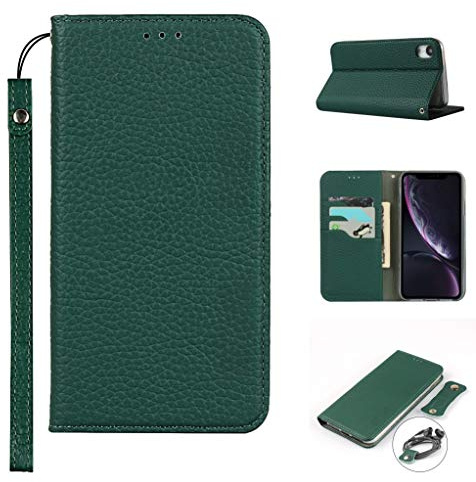 Cavor Phone Case Compatible for iPhone XR Cover,Genuine Leather Flip Wallet Case,[3 Card Holders][Magnetic Closure][RFID-Blocking][Lanyard] Protective Case - Dark Green