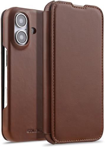 STILGUT Book Case passend für iPhone 16 - Hülle kompatibel mit MagSafe aus Leder zum Klappen, Klapphülle, Handyhülle, Lederhülle - Cognac