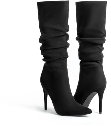 Hykytyhk Stivali alti al ginocchio da donna a punta a stiletto tacco alto slouchy camoscio stivali alti, nero, 38 EU