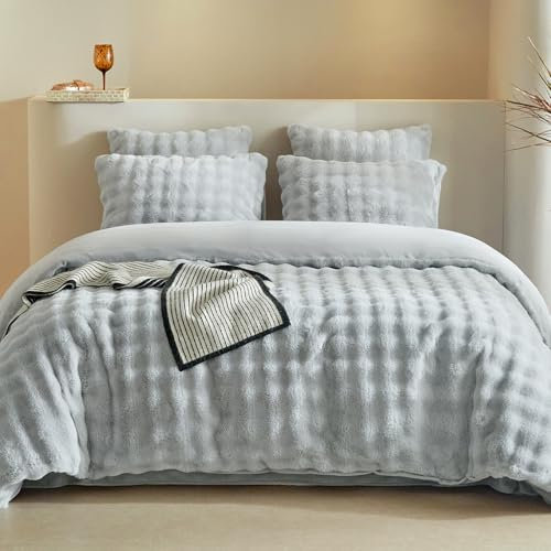 Lekesky Plüsch Bettwäsche 135x200 - Flauschige Bettwäsche aus Flauschig Kaninchenfellimitat - Grau Winterbettwäsche 135x200 mit Reißverschluss und 1 Kissenbezug mit Reißverschluss 80x80cm