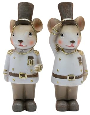 Dekohelden24 Maus als Soldat, Keramikmaus als Winterfigur, Dekofigur Weihnachtsmaus, weihnachtliche Dekomaus in weiß/braun im 2er Set, Größe L/B/H 4 x 3 x 12cm.