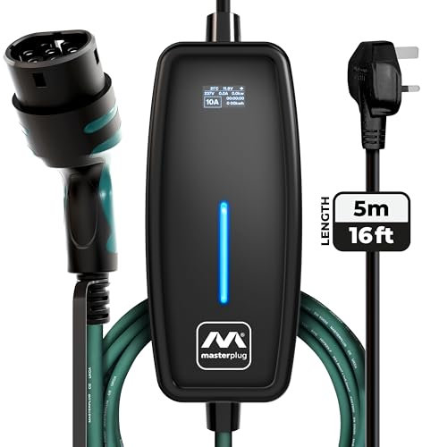 Masterplug EV Charging Cable for Electric and Hybrid Vehicles, 5 Metres, Mode 2, 3 Pin UK Plug to Type 2 Car Charger, 2.4kW, EVCM221005