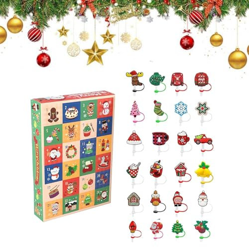 Advent Calendar 2024,Christmas Advent Calendar 2024 Straw Toppers Countdown Calendars,Christmas 24 Days Surprise with 10mm Straw Toppers,24pcs Silicone Straw Topper for Stanley Cup Advent Calendar
