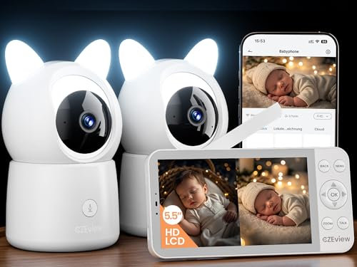 CZEview 5.5 Babyphone mit 2 Kameras und APP, 2K HD, Nachtlicht Ohren, Musik, WLAN Video Babyfon mit Nachtsicht, Bewegungs&Geräusch&Temperaturerkennung (Weiß mit 2 Kameras)