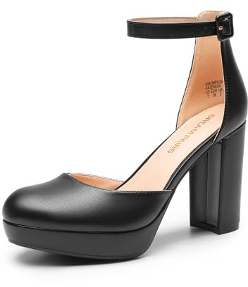 DREAM PAIRS Women's Platform Chunky High Heels Closed Toe Block Ankle Strap Dress Bridal Party Wedding Shoes,Size 8,Black-Pu,DWUMPU2534