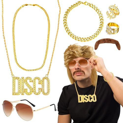 8 Stück Vokuhila Perücke Herren Set, 70er 80er Zuhälter Kostüm Accessoires mit Perücke Sonnenbrille Gold Halskette Armband Goldring Schnurrbart Disco Outfit für Männer Fasching Cosplay Kostümfeste