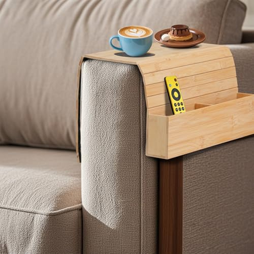 Jiayaus Sofa Arm Tray, Foldable Bamboo Table Coach Tray with 2 Coasters | Wooden Arm Table with Storage, Non-slip Armrest Couch Organiser for Drinks Snacks Remote Control Phone Magazine