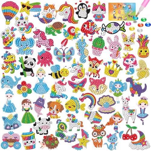 Kit de Pintura de Diamantes 5D para Niños, 60 Piezas DIY Pintura de Diamantes Animales,Manualidades Infantiles de Pintura con Diamantes para Niñas, Actividades Creativas para Niños y Principiantes