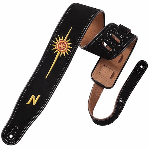 Nefelibata Gitarrengurt Goldene Sonne, 2,7“ breiter doppellagiger Gitarrengurt aus bayerischem Rindsleder mit Schaumstoffpolsterung für Kinder, Männer und Frauen, Akustik-, Bass- und E-Gitarren