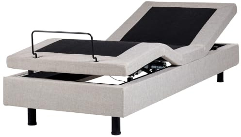 Beliani Led Upholstered Sturdy Frame Adjustable Bed Without Headboard 90x200 Cm Eu Single Fabric with Wood Legs Beige & Black Duke