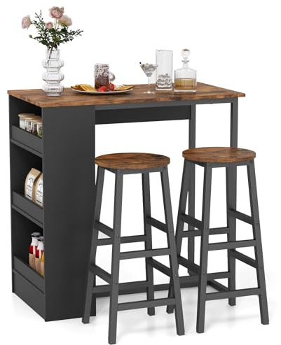 SOARS Bartisch mit Barhocker Set, Tresentisch mit 2 Hockern, 3 Ablagen, Metallrahmen, Essgruppe für 2 Personen, Frühstückstisch Küchentheke Bartheke Möbelsets für Bar, Bistro & Wohnzimmer