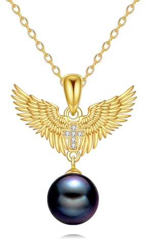 KZX Collar de alas de ángel de oro de plata de ley S925, colgante de perlas negras guardián, alas de ángel, joyería de perlas para mujeres y hombres