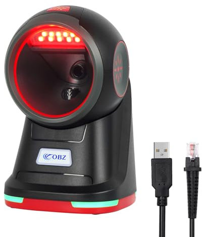OBZ Desktop Barcode Scanner 1D 2D, Omnidirektionaler QR Code Scanner Hands-Free USB-Kabelgebundener Barcode-Leser mit Hochauflösendem Megapixel-Sensor für den Einzelhandel POS, Mobile Payment
