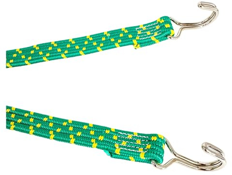 Corda elastica piatta con ganci in acciaio. Verde, 200cm. | Prodotta in Spagna, cinghia elastica piatta da 18 mm per fissare bagagli, carichi, teloni e accessori; fino al 120%.